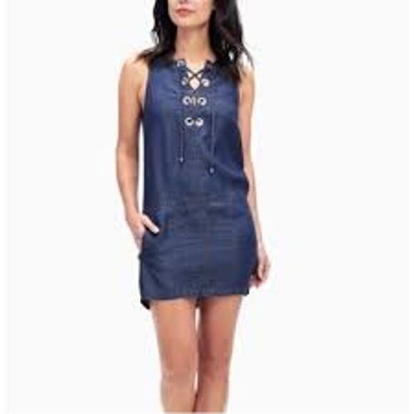 Splendid  Lace Up Sleeveless Chambray Denim Shift Mini Dress SD11487DK Medium M - Picture 1 of 7